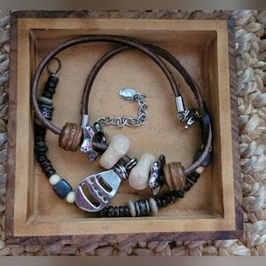 Vtg Robert Rose Leather Strand and Natural Element Necklace & Bracelet Set